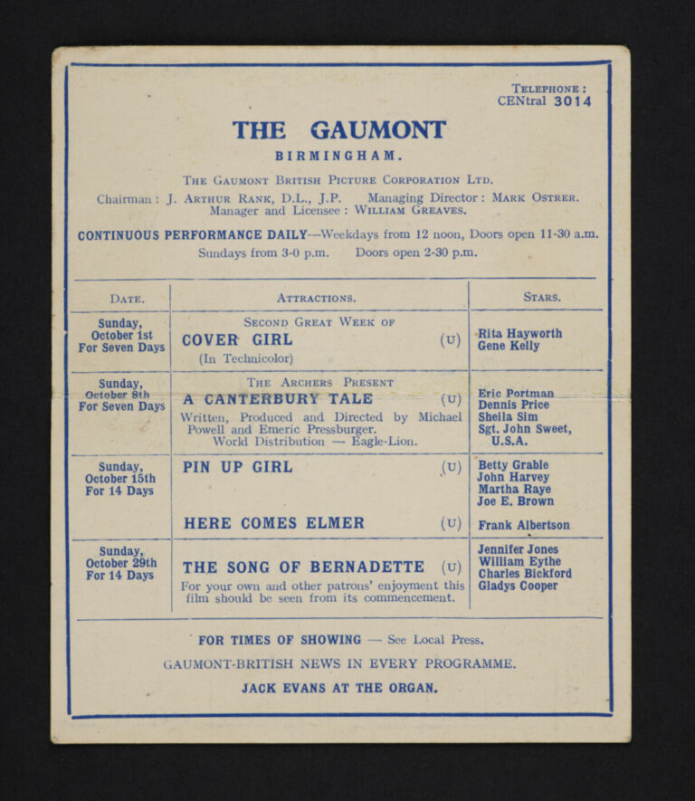 Gaumont Programme Sept 1939 - Inner page -Library of Birmingham Archive