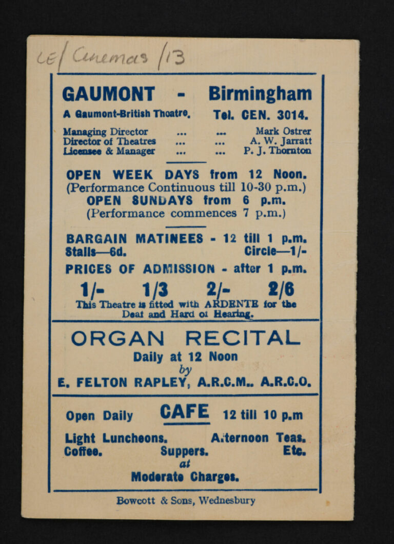 Gaumont Programme Sept 1939 - Inner page - Library of Birmingham Archive