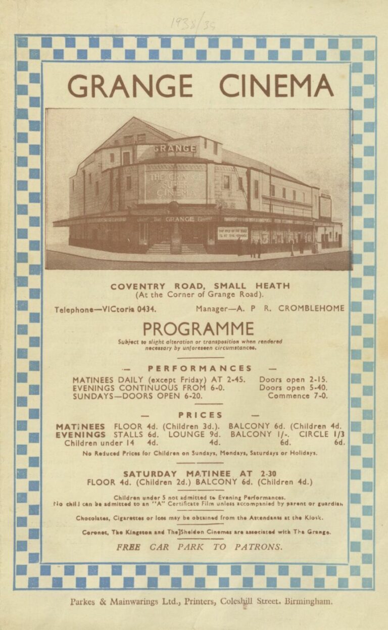 Cover of the Grange programme for September 1938, courtesy of the Cinema Museum