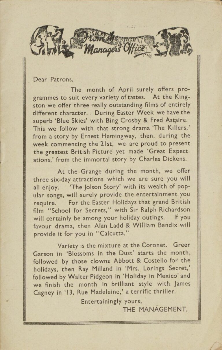 Introduction to a combined programme for the Grange, Kingston and Coronet, April 1947